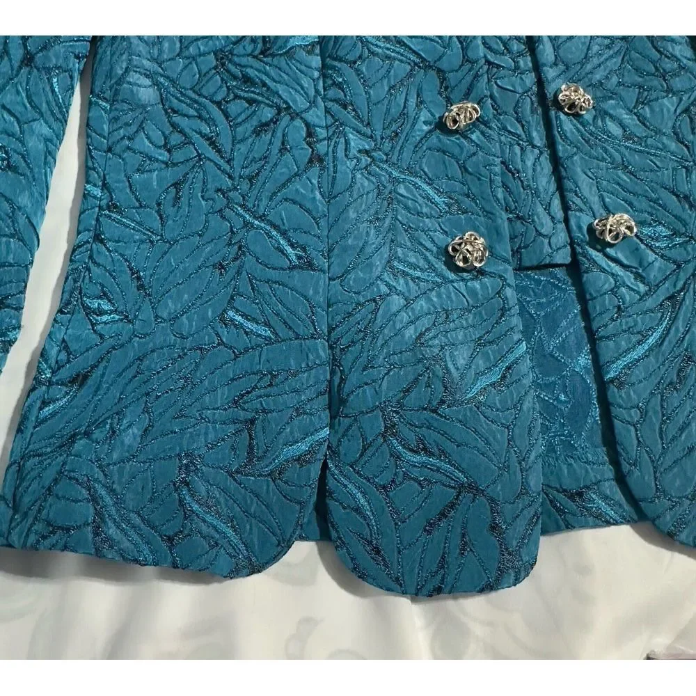 Vtg Leslie Fay‎ 12 Turquoise Teal Blazer Embroider Style Buttoned Scallop Trim
